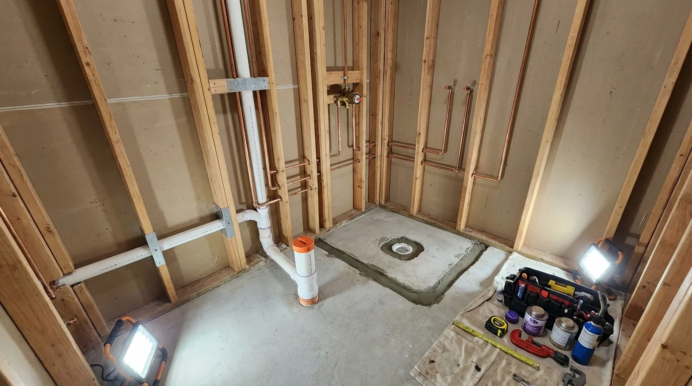 Bathroom rough-in plumbing during remodel by Johns Plumbing LLC in Stafford