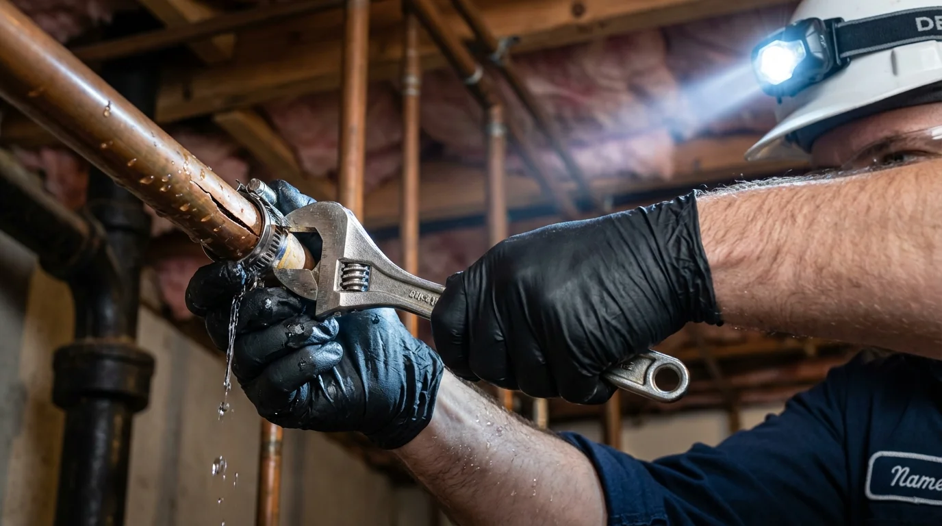 Emergency pipe clamp repair being performed by a Johns Plumbing LLC plumber in Stafford