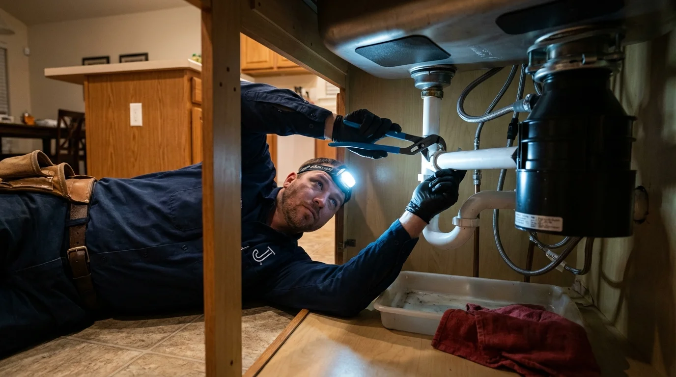 P-trap and supply line connections under a kitchen sink showing a common leak point in Stafford, VA